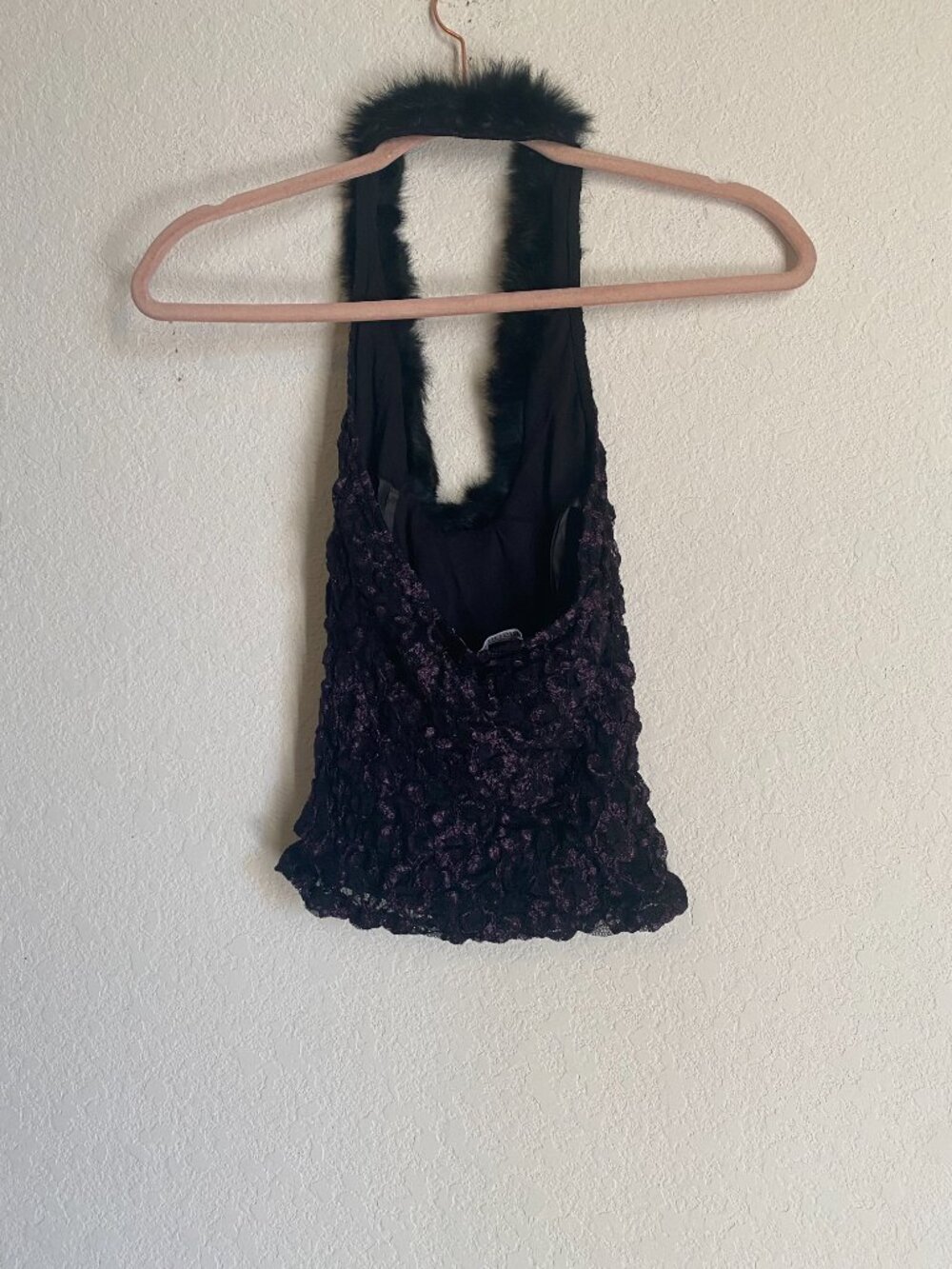 Vintage Y2K Black Lace Halter Top - Faux Fur Trim Plunging Neckline - Picture 6 of 11